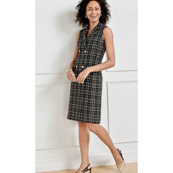 NWOT Talbots Double Breasted Tweed Mini Petite Size 10 Dress V Neck Black White - Picture 6 of 11